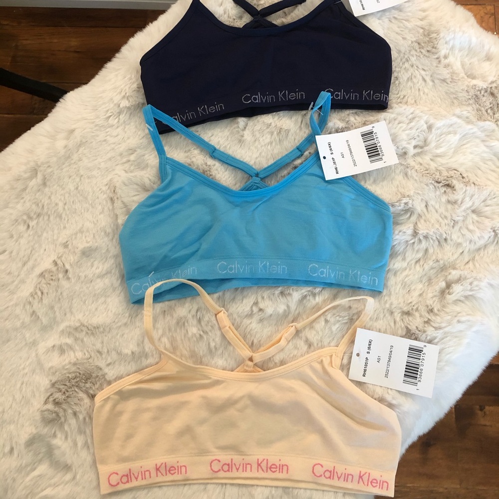 New!Calvin Klein girls bralettes navy, aqua, peach. 6X